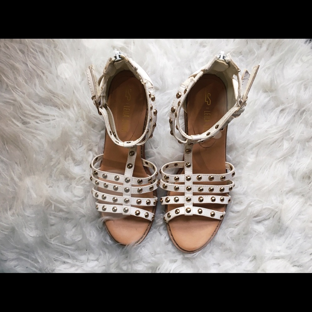 Gold studded block heel sandals